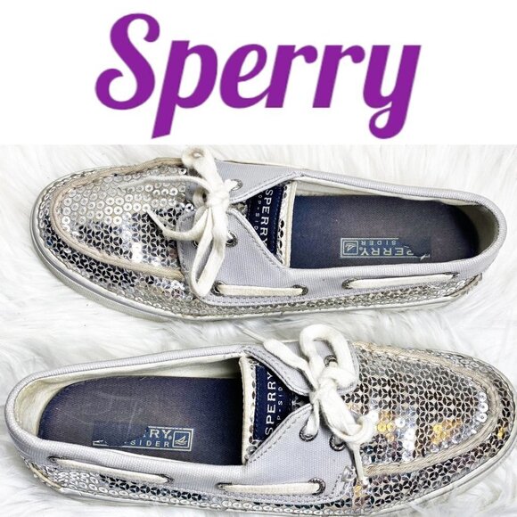 SPERRY TOPSIDER Bahama Silver Sequin Boat Shoe, Size 7 - Picture 4 of 12